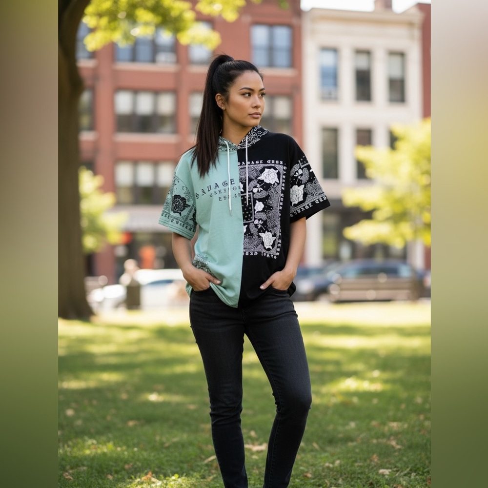Fresh Laundry Short Sleeve Graphic Hoodie Tee, Women’s Size L, Two- Toned